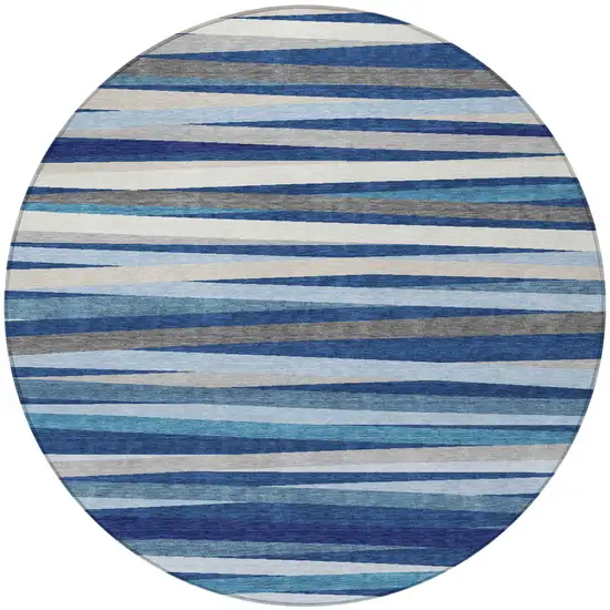 8' Navy Blue Ivory And Gray Round Striped Washable Indoor Outdoor Area Rug Photo 5