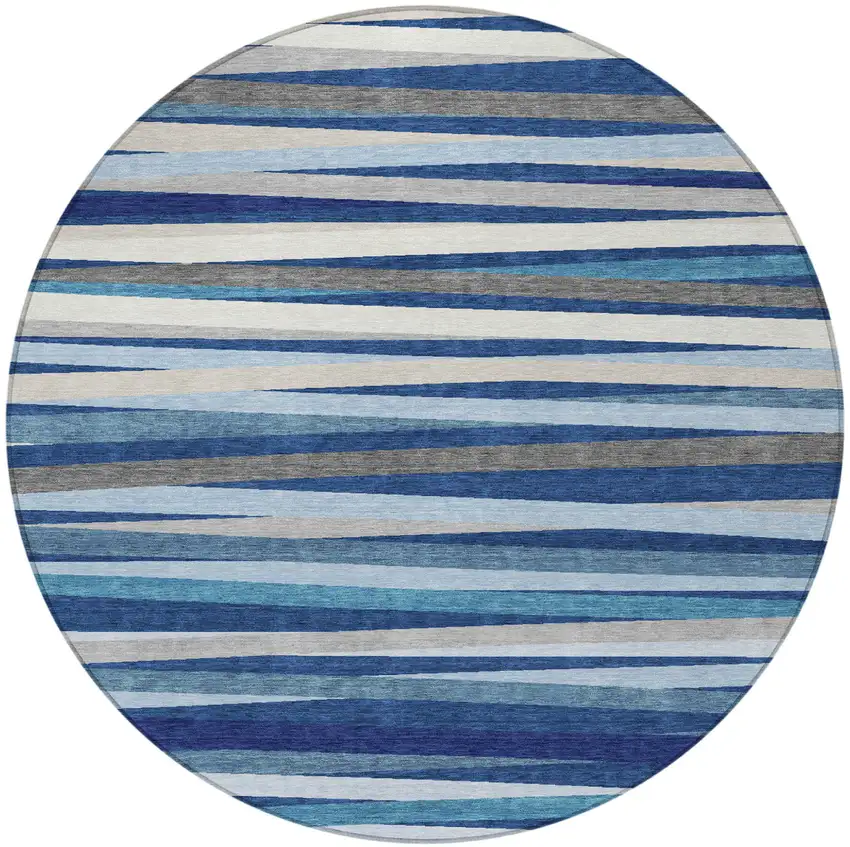8' Navy Blue Ivory And Gray Round Striped Washable Indoor Outdoor Area Rug Photo 5