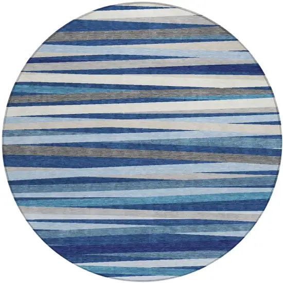 8' Navy Blue Ivory And Gray Round Striped Washable Indoor Outdoor Area Rug Photo 2