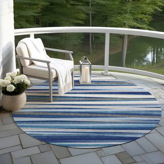 8' Navy Blue Ivory And Gray Round Striped Washable Indoor Outdoor Area Rug Photo 6