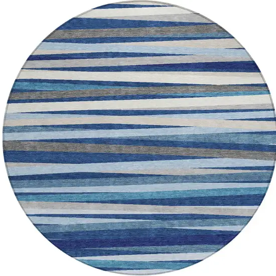 8' Navy Blue Ivory And Gray Round Striped Washable Indoor Outdoor Area Rug Photo 4
