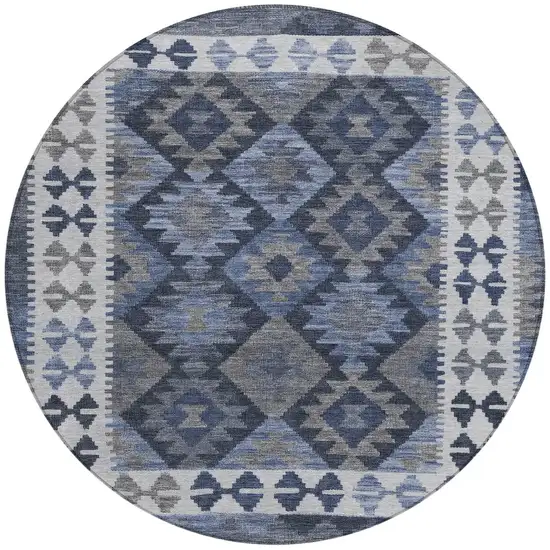 8' Navy Blue Ivory And Gray Round Tribal Washable Indoor Outdoor Area Rug Photo 3