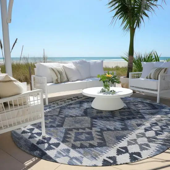 8' Navy Blue Ivory And Gray Round Tribal Washable Indoor Outdoor Area Rug Photo 5