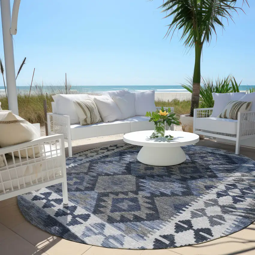 8' Navy Blue Ivory And Gray Round Tribal Washable Indoor Outdoor Area Rug Photo 5