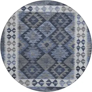 Photo of 8' Navy Blue Ivory And Gray Round Tribal Washable Indoor Outdoor Area Rug