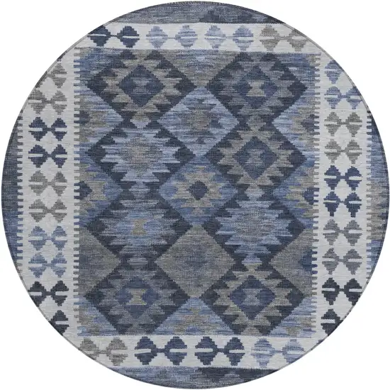 8' Navy Blue Ivory And Gray Round Tribal Washable Indoor Outdoor Area Rug Photo 1