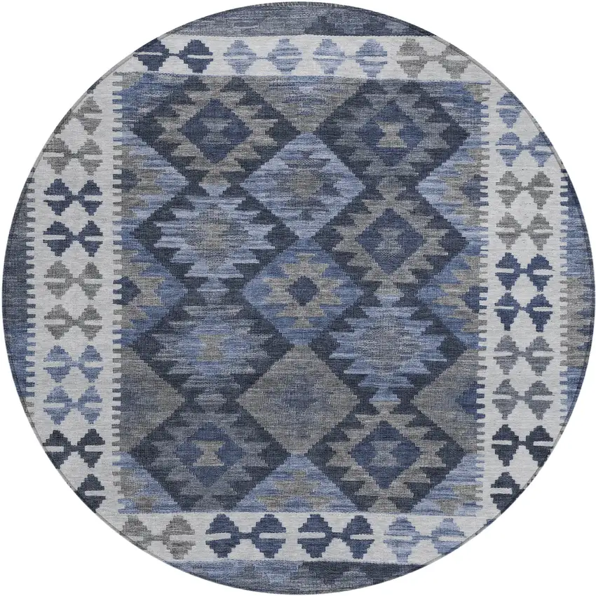 8' Navy Blue Ivory And Gray Round Tribal Washable Indoor Outdoor Area Rug Photo 1