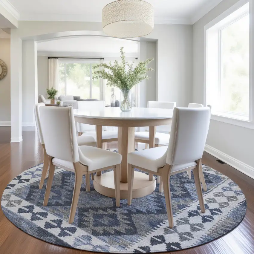 8' Navy Blue Ivory And Gray Round Tribal Washable Indoor Outdoor Area Rug Photo 6