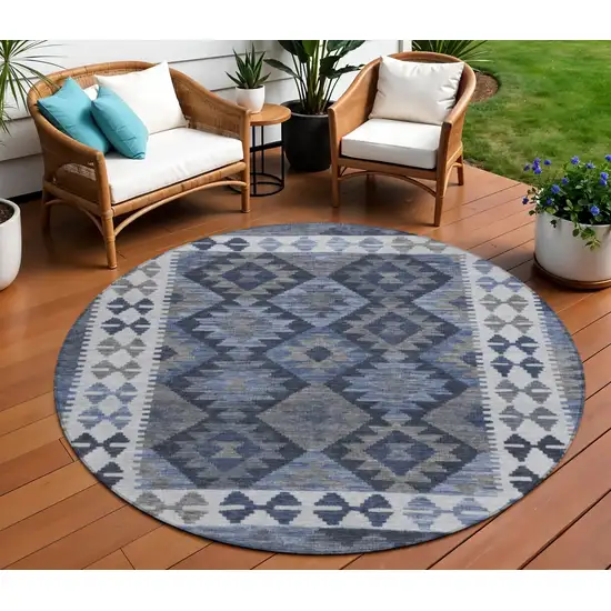 8' Navy Blue Ivory And Gray Round Tribal Washable Indoor Outdoor Area Rug Photo 2
