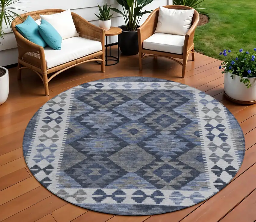 8' Navy Blue Ivory And Gray Round Tribal Washable Indoor Outdoor Area Rug Photo 2
