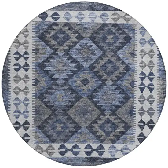 8' Navy Blue Ivory And Gray Round Tribal Washable Indoor Outdoor Area Rug Photo 4