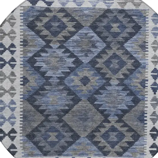 8' Navy Blue Ivory And Gray Round Tribal Washable Indoor Outdoor Area Rug Photo 8
