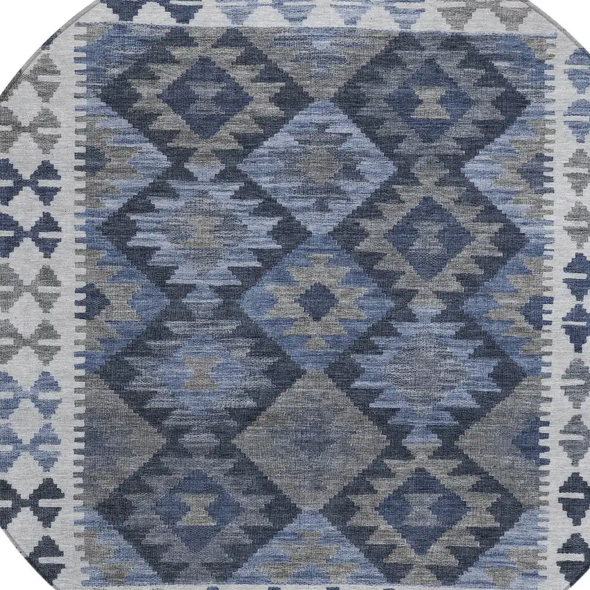 8' Navy Blue Ivory And Gray Round Tribal Washable Indoor Outdoor Area Rug Photo 8