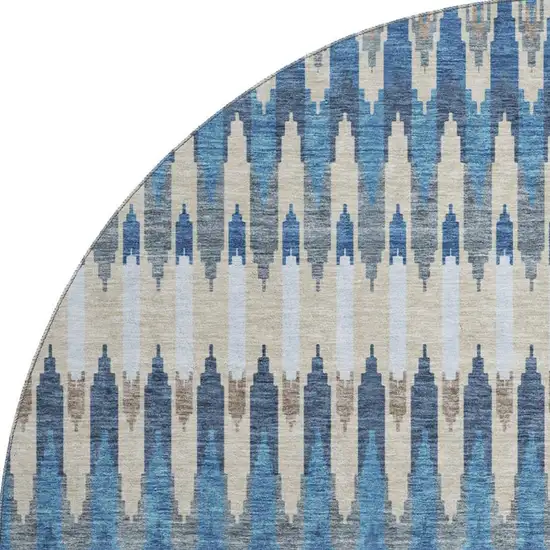 8' Navy Blue Ivory And Gray Southwestern Washable Round Rug With UV Protection Photo 4