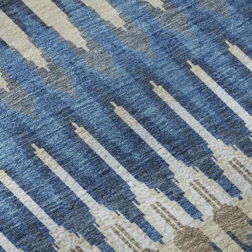 8' Navy Blue Ivory And Gray Southwestern Washable Round Rug With UV Protection Photo 9