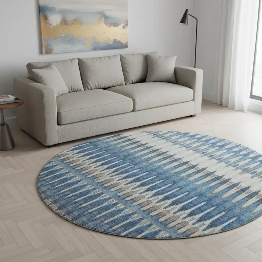 8' Navy Blue Ivory And Gray Southwestern Washable Round Rug With UV Protection Photo 2