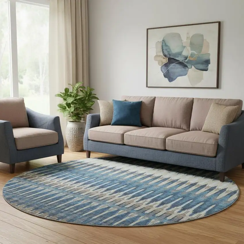 8' Navy Blue Ivory And Gray Southwestern Washable Round Rug With UV Protection Photo 1