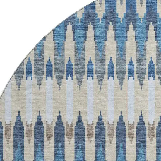 8' Navy Blue Ivory And Gray Southwestern Washable Round Rug With UV Protection Photo 3