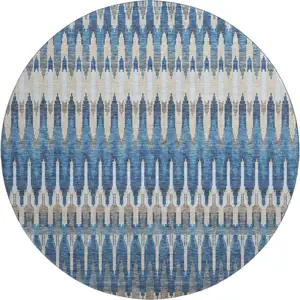 Photo of 8' Navy Blue Ivory And Gray Southwestern Washable Round Rug With UV Protection