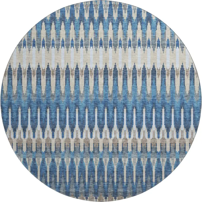 8' Navy Blue Ivory And Gray Southwestern Washable Round Rug With UV Protection Photo 1