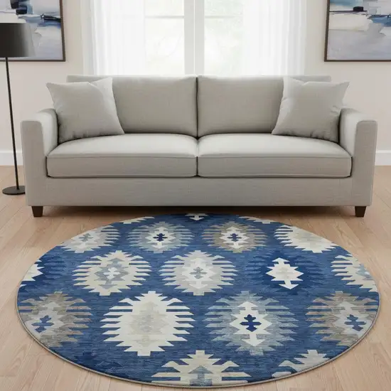 8' Navy Blue Ivory And Gray Southwestern Washable Round Rug With UV Protection Photo 2