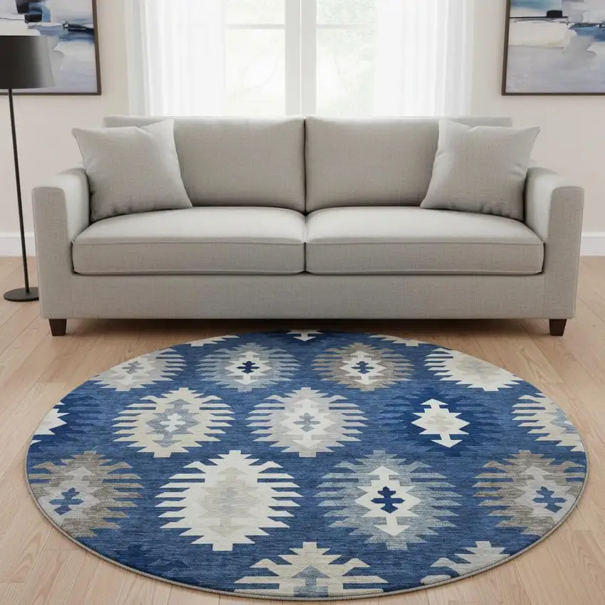 8' Navy Blue Ivory And Gray Southwestern Washable Round Rug With UV Protection Photo 2