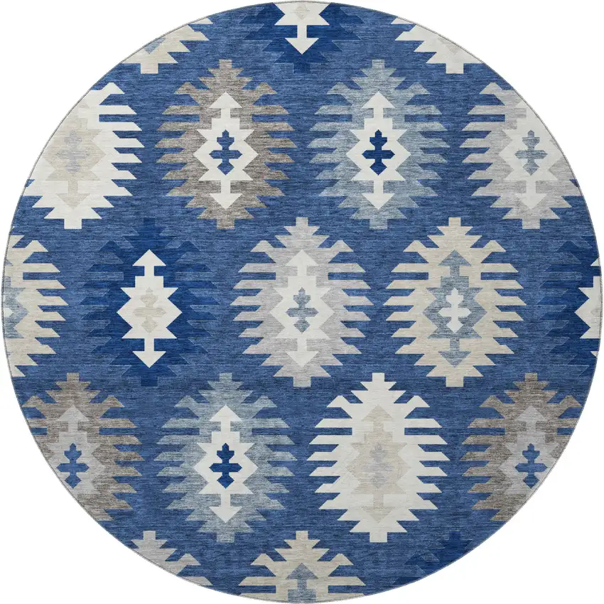 8' Navy Blue Ivory And Gray Southwestern Washable Round Rug With UV Protection Photo 3