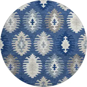 Photo of 8' Navy Blue Ivory And Gray Southwestern Washable Round Rug With UV Protection