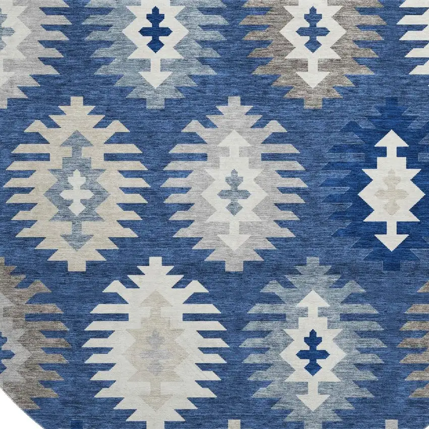 8' Navy Blue Ivory And Gray Southwestern Washable Round Rug With UV Protection Photo 2