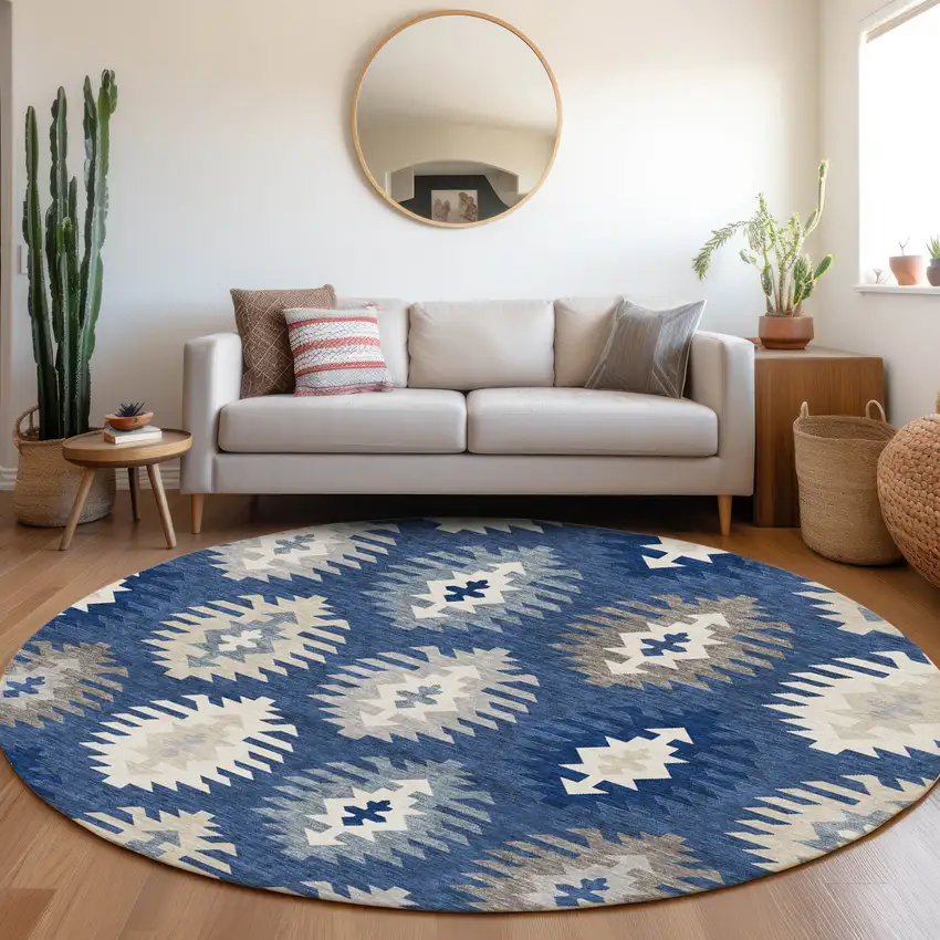 8' Navy Blue Ivory And Gray Southwestern Washable Round Rug With UV Protection Photo 4