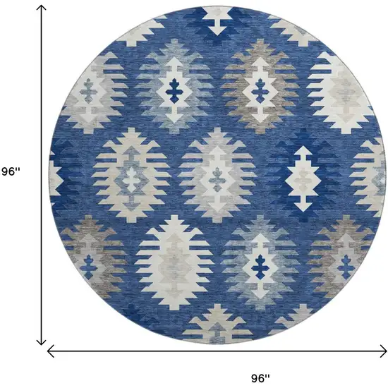 8' Navy Blue Ivory And Gray Southwestern Washable Round Rug With UV Protection Photo 9