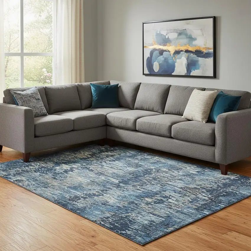 8' Navy Blue Ivory And Gray Striped Washable Area Rug With UV Protection Photo 2