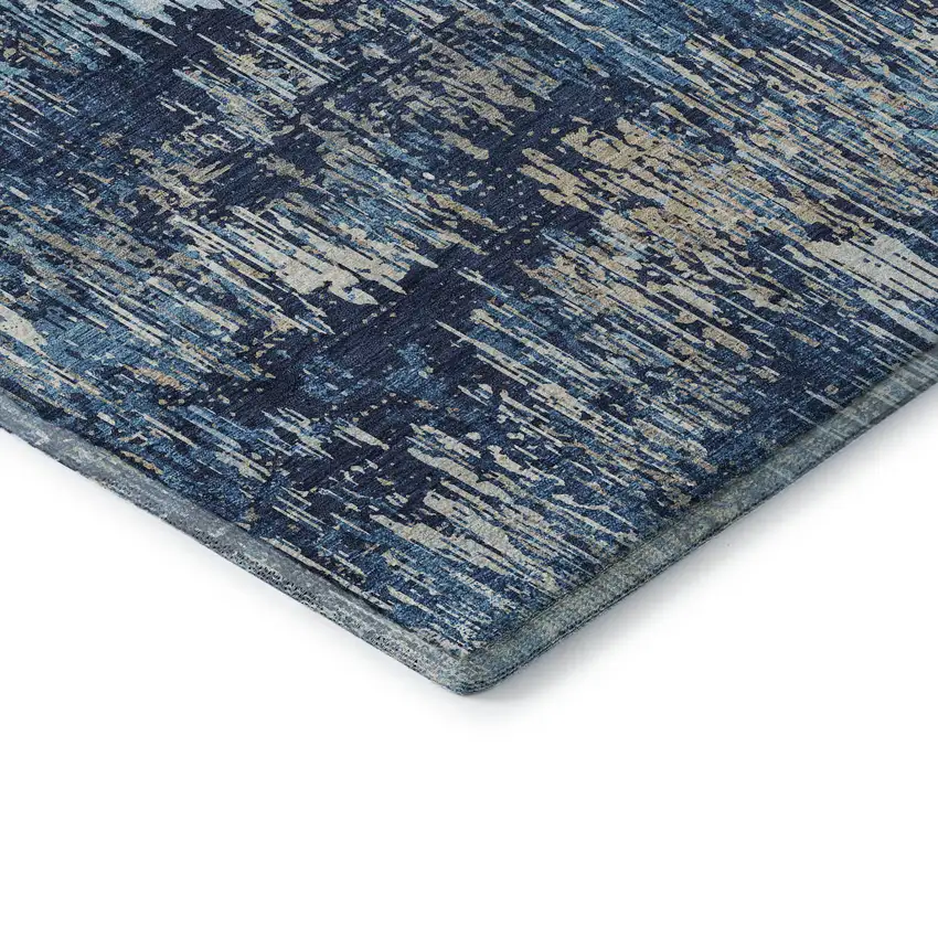 8' Navy Blue Ivory And Gray Striped Washable Area Rug With UV Protection Photo 7