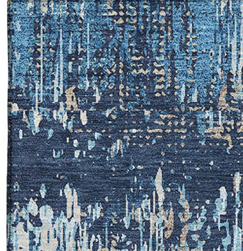 8' Navy Blue Ivory And Gray Striped Washable Area Rug With UV Protection Photo 3