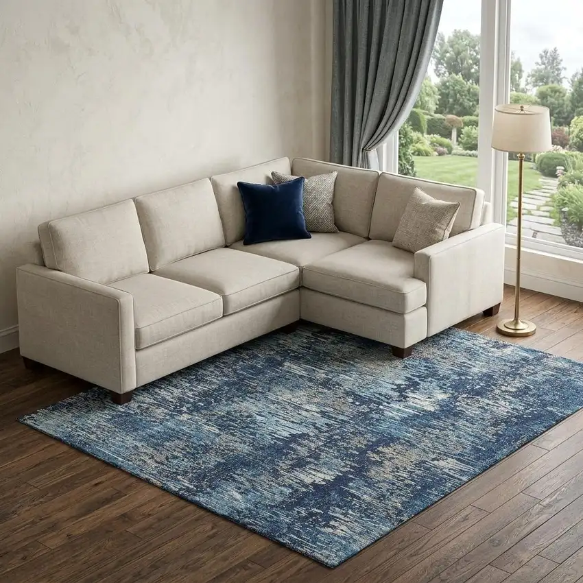 8' Navy Blue Ivory And Gray Striped Washable Area Rug With UV Protection Photo 1