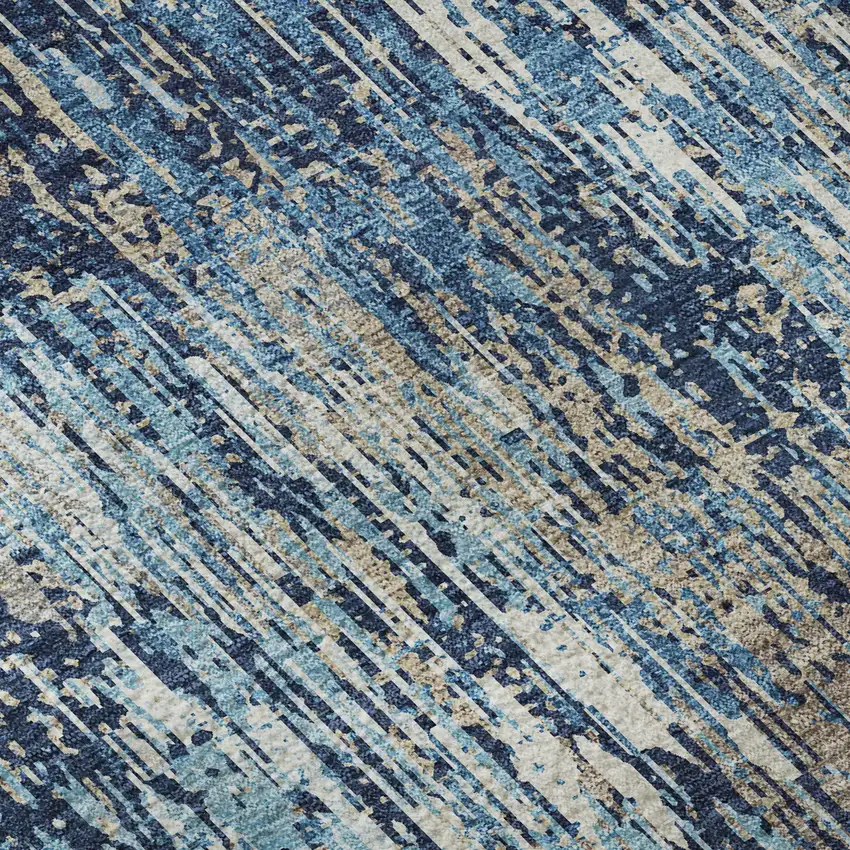 8' Navy Blue Ivory And Gray Striped Washable Area Rug With UV Protection Photo 9