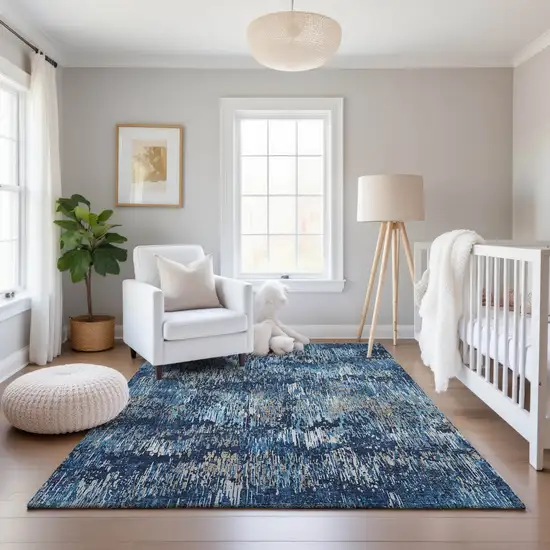 8' Navy Blue Ivory And Gray Striped Washable Area Rug With UV Protection Photo 5