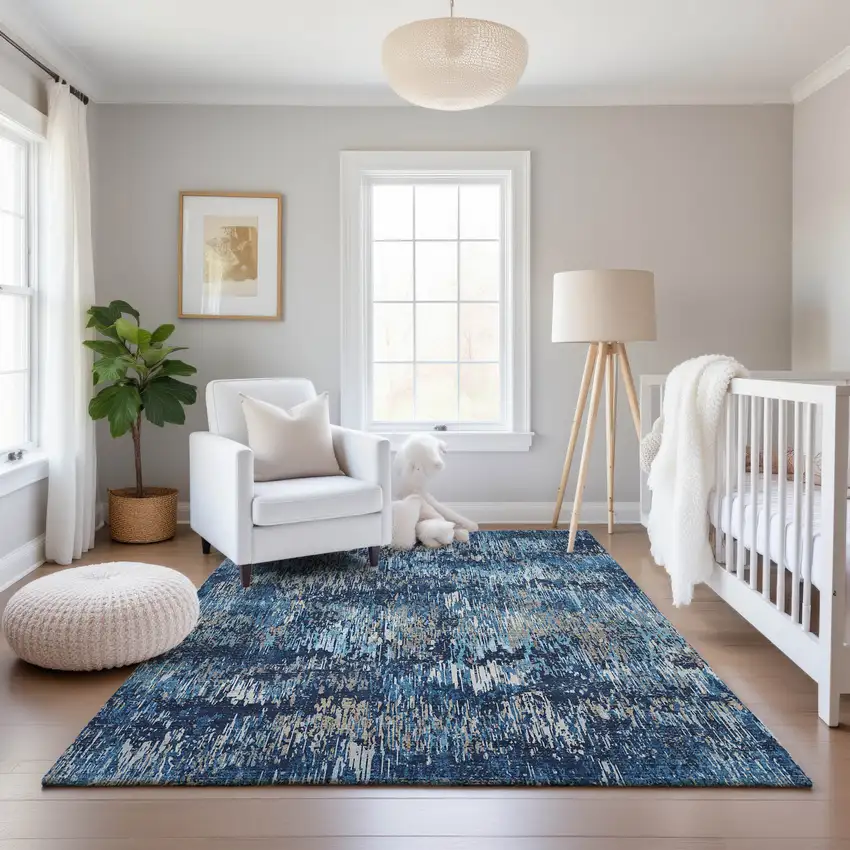 8' Navy Blue Ivory And Gray Striped Washable Area Rug With UV Protection Photo 5