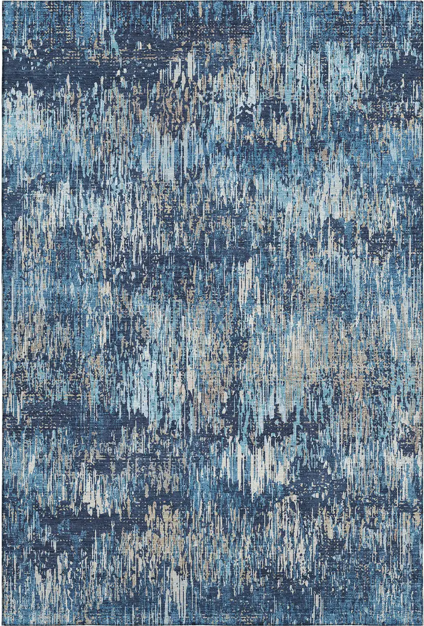 8' Navy Blue Ivory And Gray Striped Washable Area Rug With UV Protection Photo 1