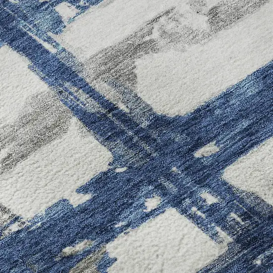 8' Navy Blue Ivory And Gray Striped Washable Round Rug With UV Protection Photo 9