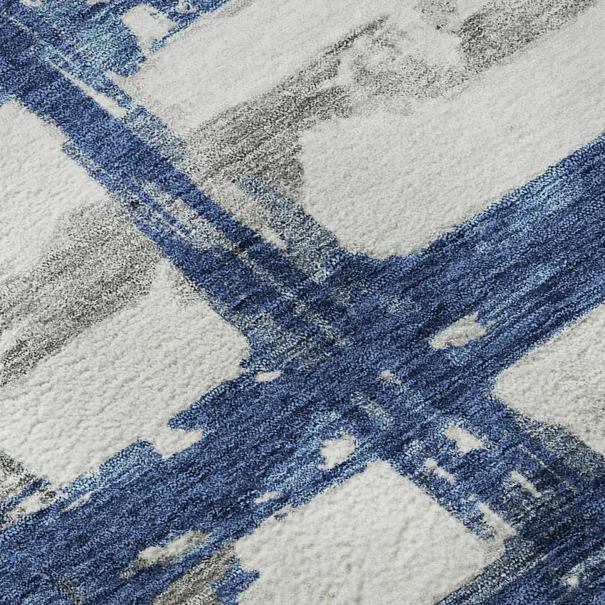 8' Navy Blue Ivory And Gray Striped Washable Round Rug With UV Protection Photo 9