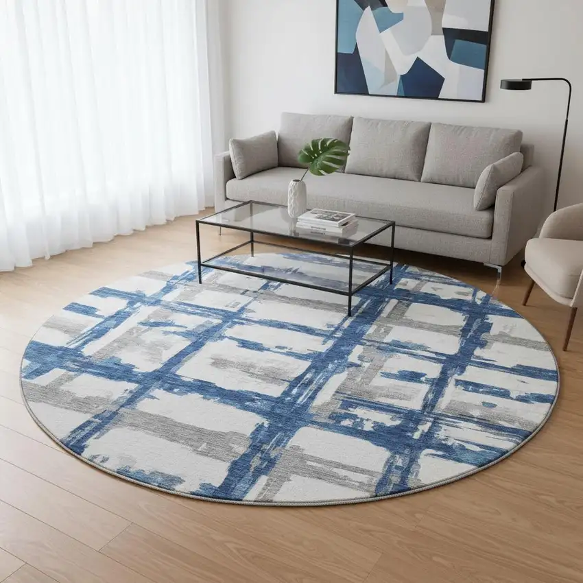 8' Navy Blue Ivory And Gray Striped Washable Round Rug With UV Protection Photo 2