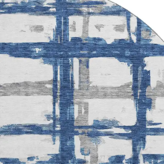 8' Navy Blue Ivory And Gray Striped Washable Round Rug With UV Protection Photo 3