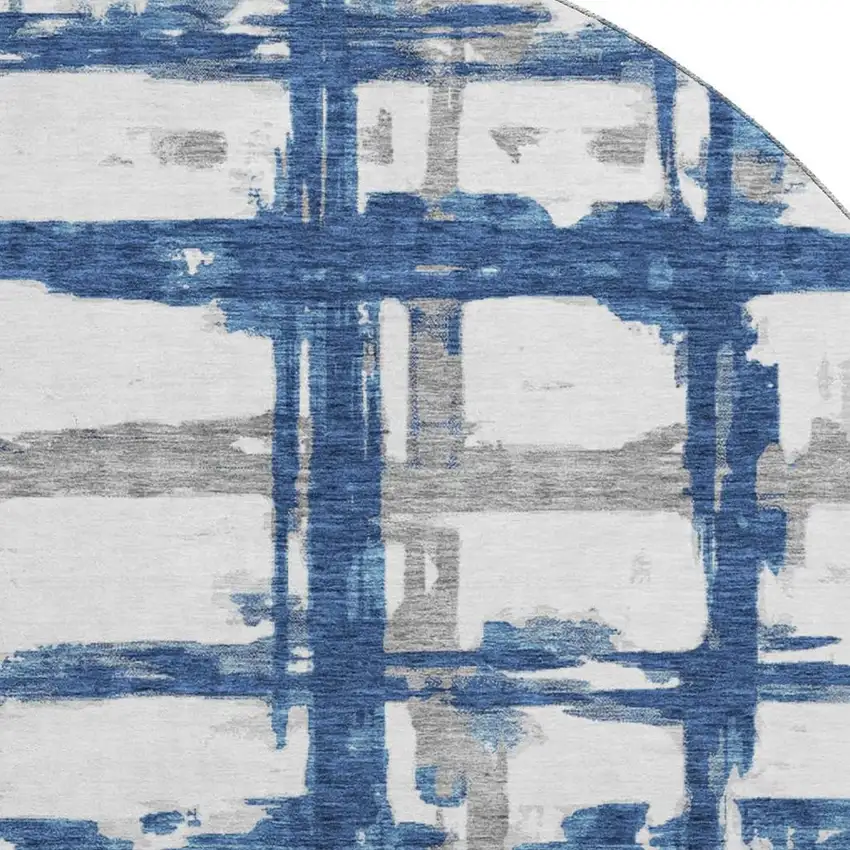 8' Navy Blue Ivory And Gray Striped Washable Round Rug With UV Protection Photo 3