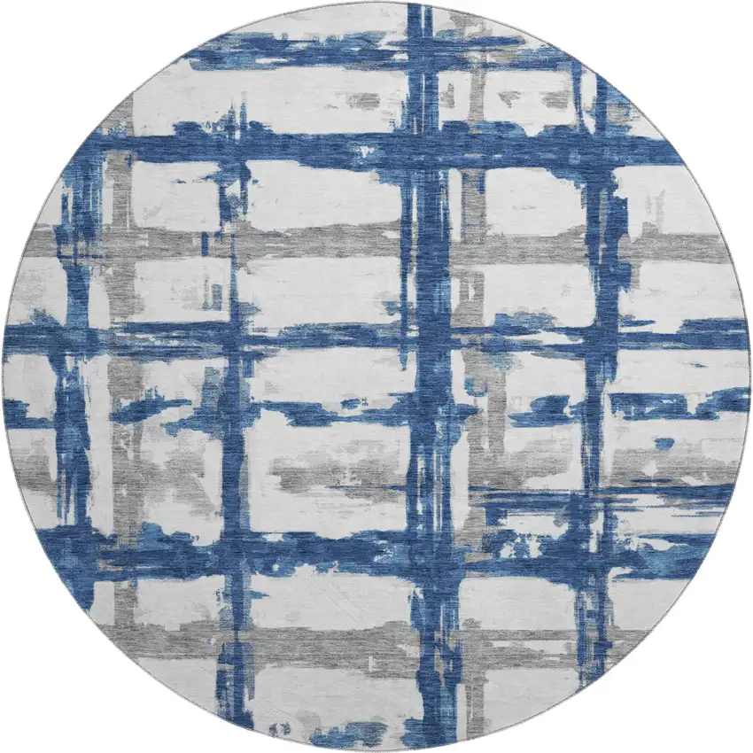 8' Navy Blue Ivory And Gray Striped Washable Round Rug With UV Protection Photo 1