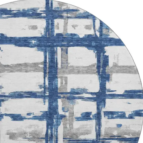 8' Navy Blue Ivory And Gray Striped Washable Round Rug With UV Protection Photo 4