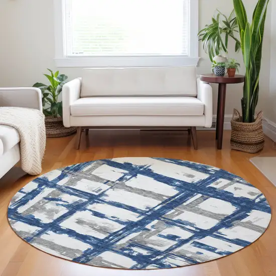 8' Navy Blue Ivory And Gray Striped Washable Round Rug With UV Protection Photo 5