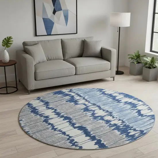 8' Navy Blue Ivory And Gray Striped Washable Round Rug With UV Protection Photo 2