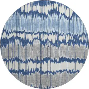 Photo of 8' Navy Blue Ivory And Gray Striped Washable Round Rug With UV Protection
