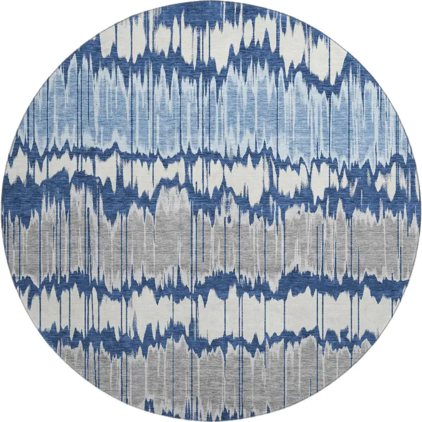 8' Navy Blue Ivory And Gray Striped Washable Round Rug With UV Protection Photo 1